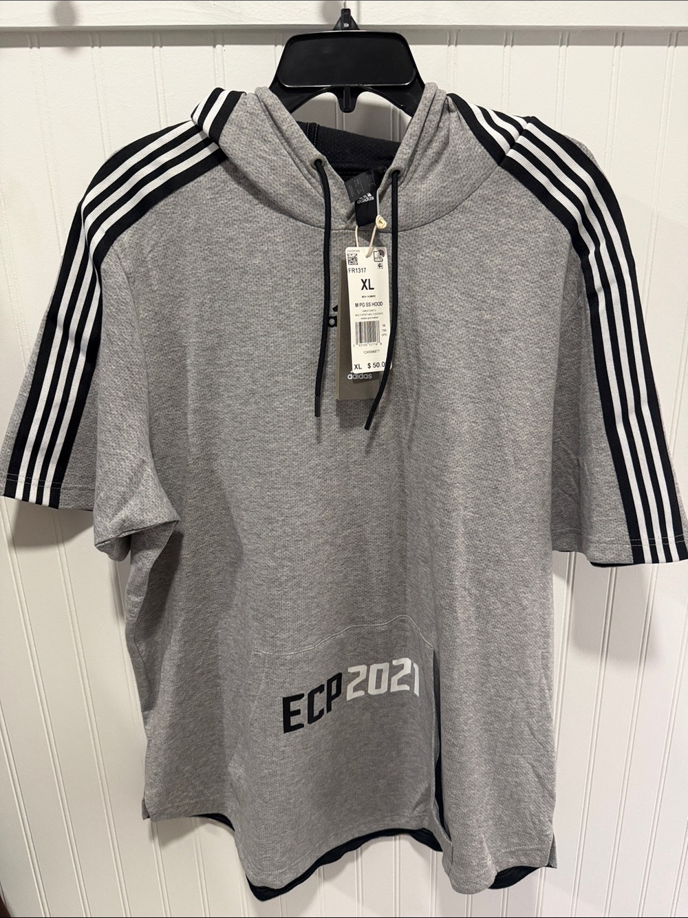 Adidas Grey Short-Sleeve Hooded sweatshirt with Black Stripes